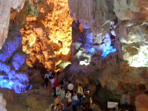 Indide the clean, brightly-lit Tieng Cung Cave, Halong Bay