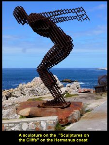 Sculpture of a tall steel man at Gearing's Point in Hermanus