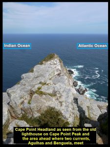Two oceans, Atlantic Ocean and Indian Ocean next to each other in front of Cape Point Headland