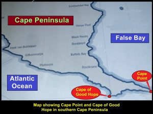 Map showing Cape Peninsula splits into two promontories in the south, Cape Point and Cape of Good Hope