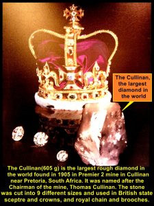 The largest diamond, The Cullinan, weighed 605 grams and used in British crowns and spectre, and royal members' jewellery.