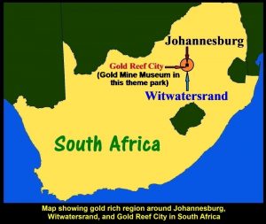 Map showing gold rich area, Witwatersrand, and Gold Reef City Theme Park