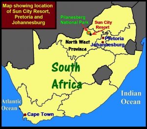 Map showing location of Sun City, Pretoria and Johannesburg