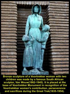 A scuplture of a Voortrekker woman and her children erected at the base of Voortrekker Monument in memory of her contributions, perseverance and sacrifices during the Great Trek(1835-1854)