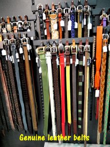 Genuine leather belts in showroom