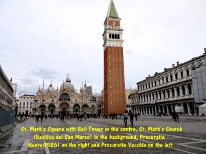 St, Mark's Bell Tower built in the 12th. Century is 98.6 metres tall in the centre of St. Mark's Square