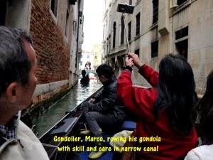 Gondoliers row their boats with skill and care in narrow canals