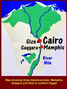 Map showing three historical sites: Memphis, Saqqara and Giza