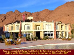 Tour group resting at Morgenland Hotel at St. Catherine before climbing Mount Sinai(2285 metres) which is 6.7 km away after midnight