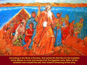 Moses leading Israelites crossed the Red Sea parted by God to escape from the ancient Egyptian army, according to the Book of Exodus.