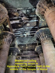 Blackened ceiling in the Hypostyle Hall in the middle of Temple of Horus caused by arson